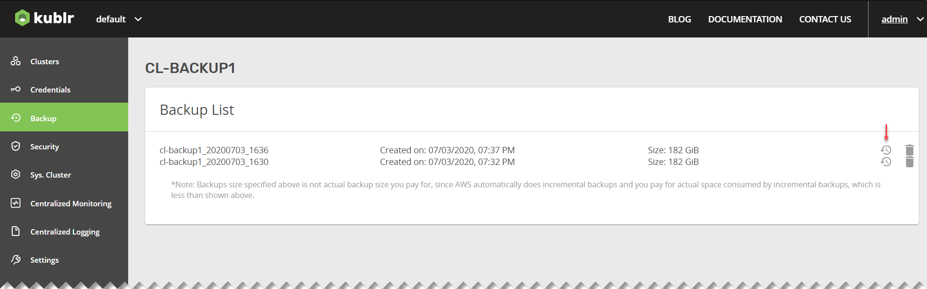 Page for Managing Cluster Backups - Backup List