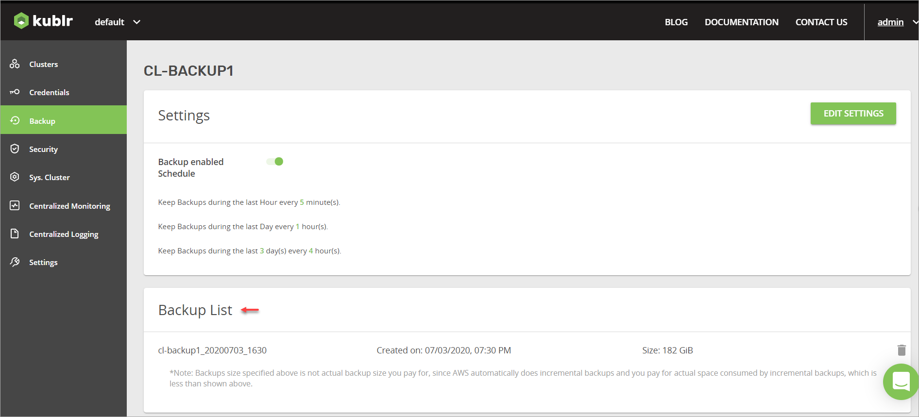 Page for Managing Cluster Backups - Backup List