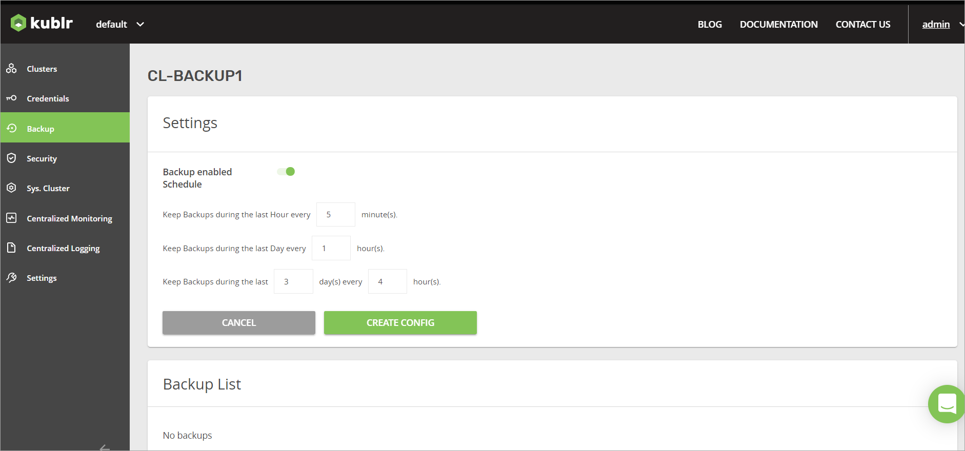 Page for Managing Cluster Backups - Settings