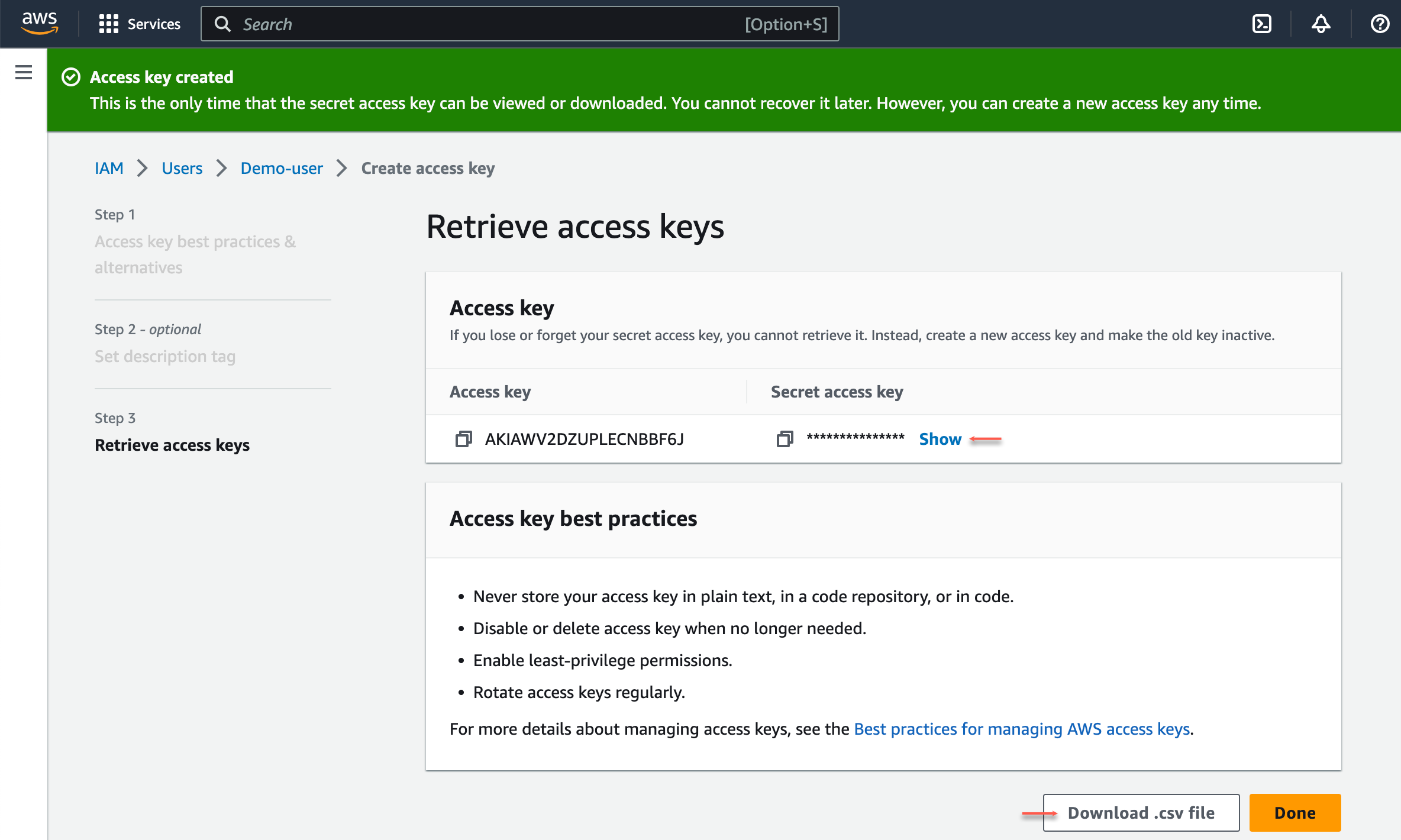 Create New Access Key Success