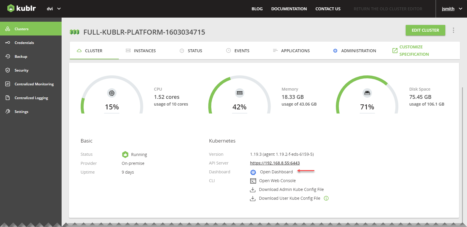 Platform - CLUSTER tab - Open Dashboard