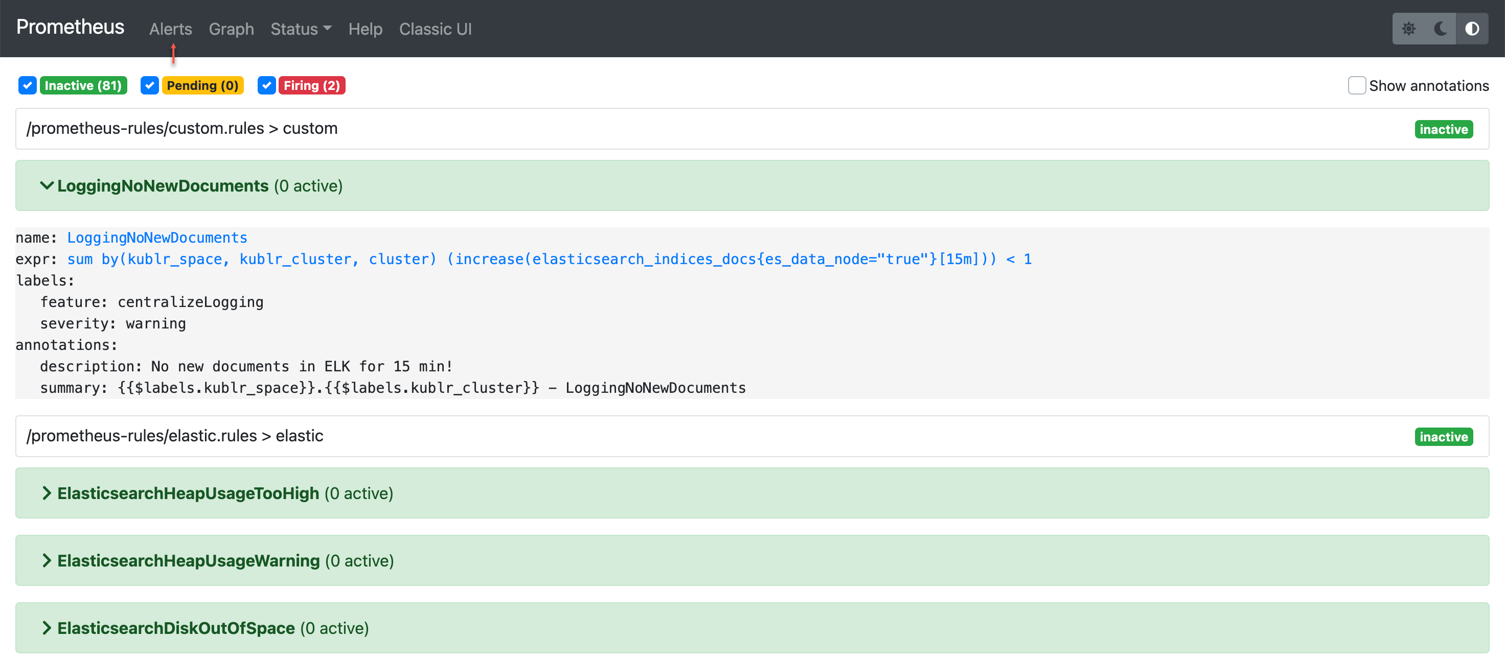 Prometheus - alert configured from cluster specification