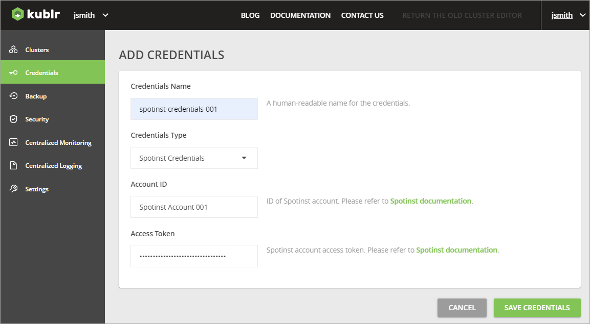 Kublr - Adding Spotinst Credentials