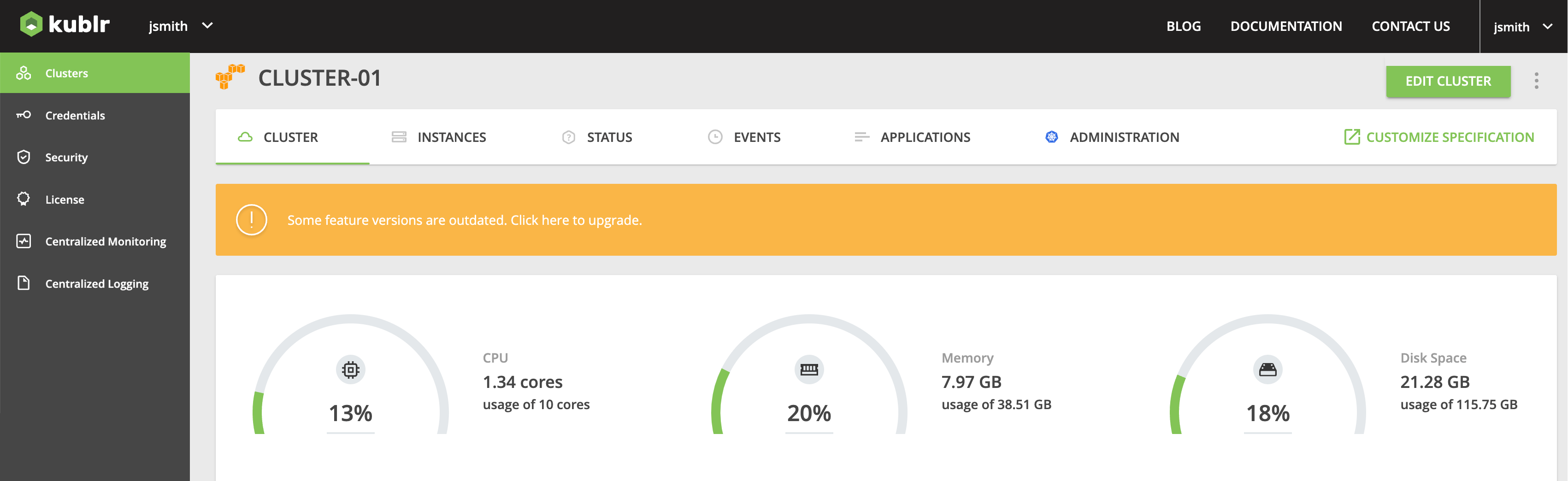 Cluster - Overview tab - Updates for features available