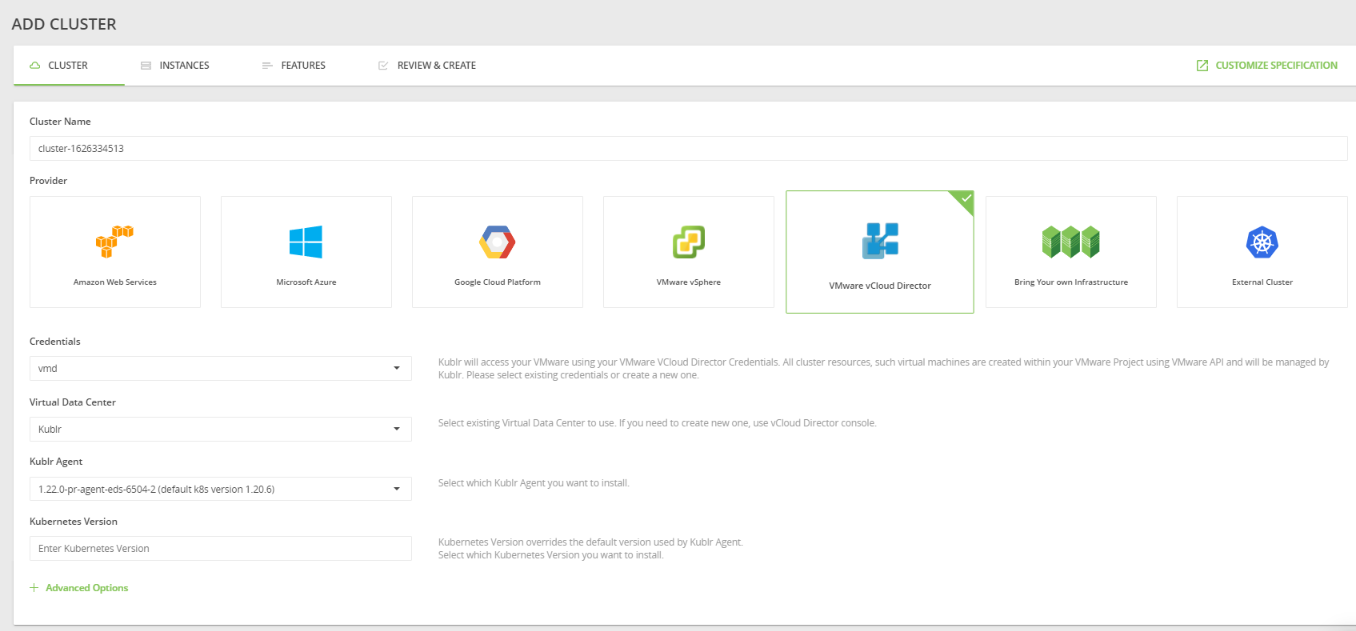 vCloud-Add Cluster-General Settings